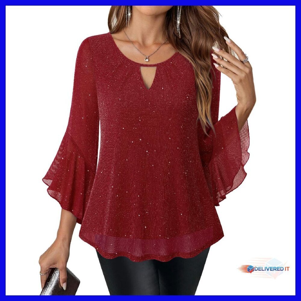 Sparkly Mesh Blouse 3/4 Bell Sleeve Ruffle Cocktail Party Top